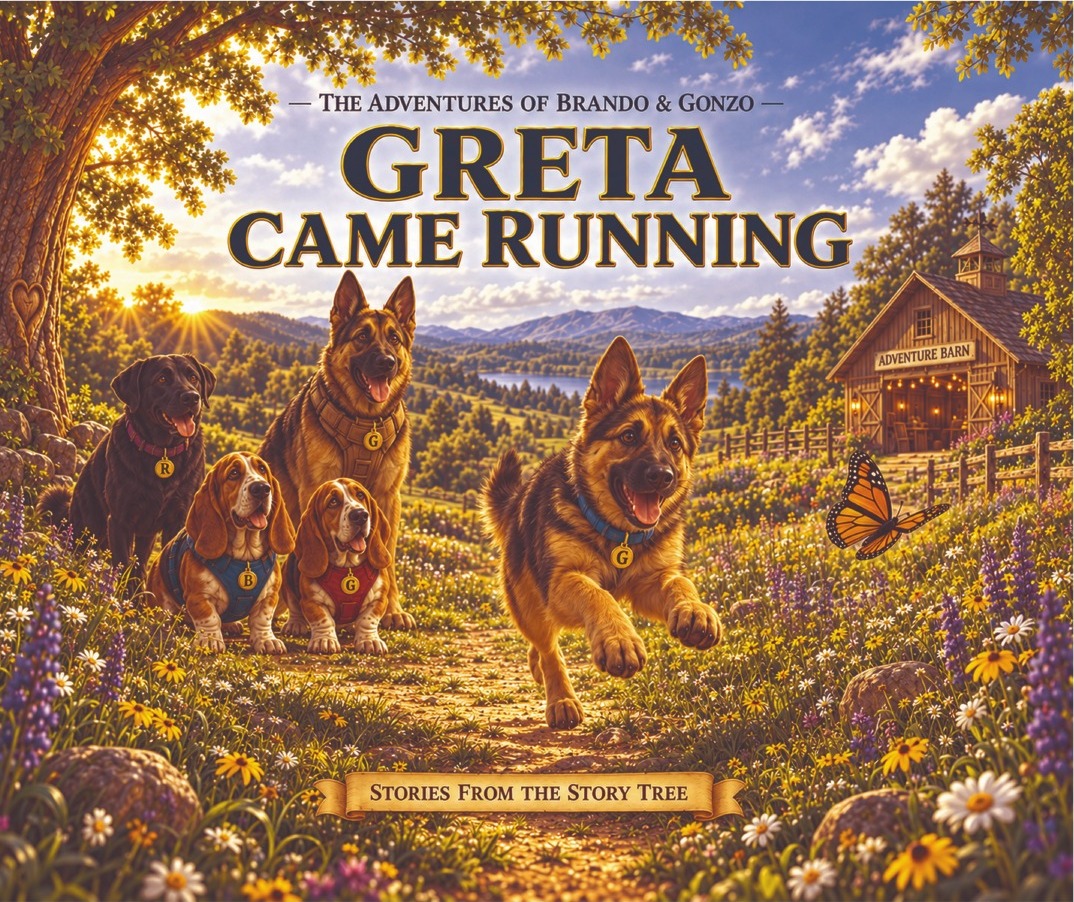 Greta Came Running book cover featuring Greta racing toward the family