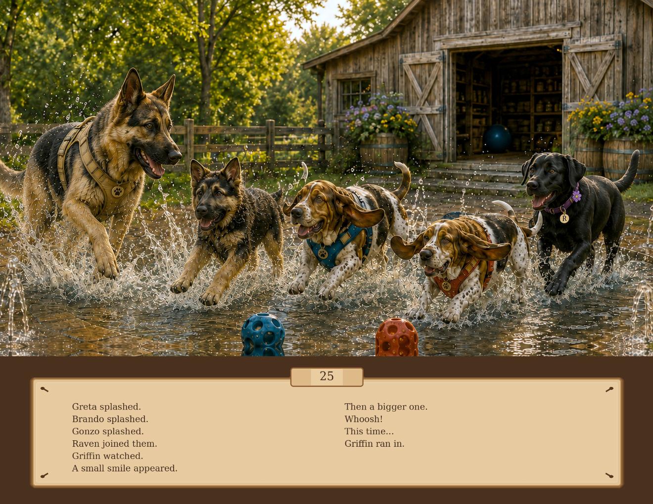 Greta splashes through the water with Griffin, Brando, Gonzo, and Raven
