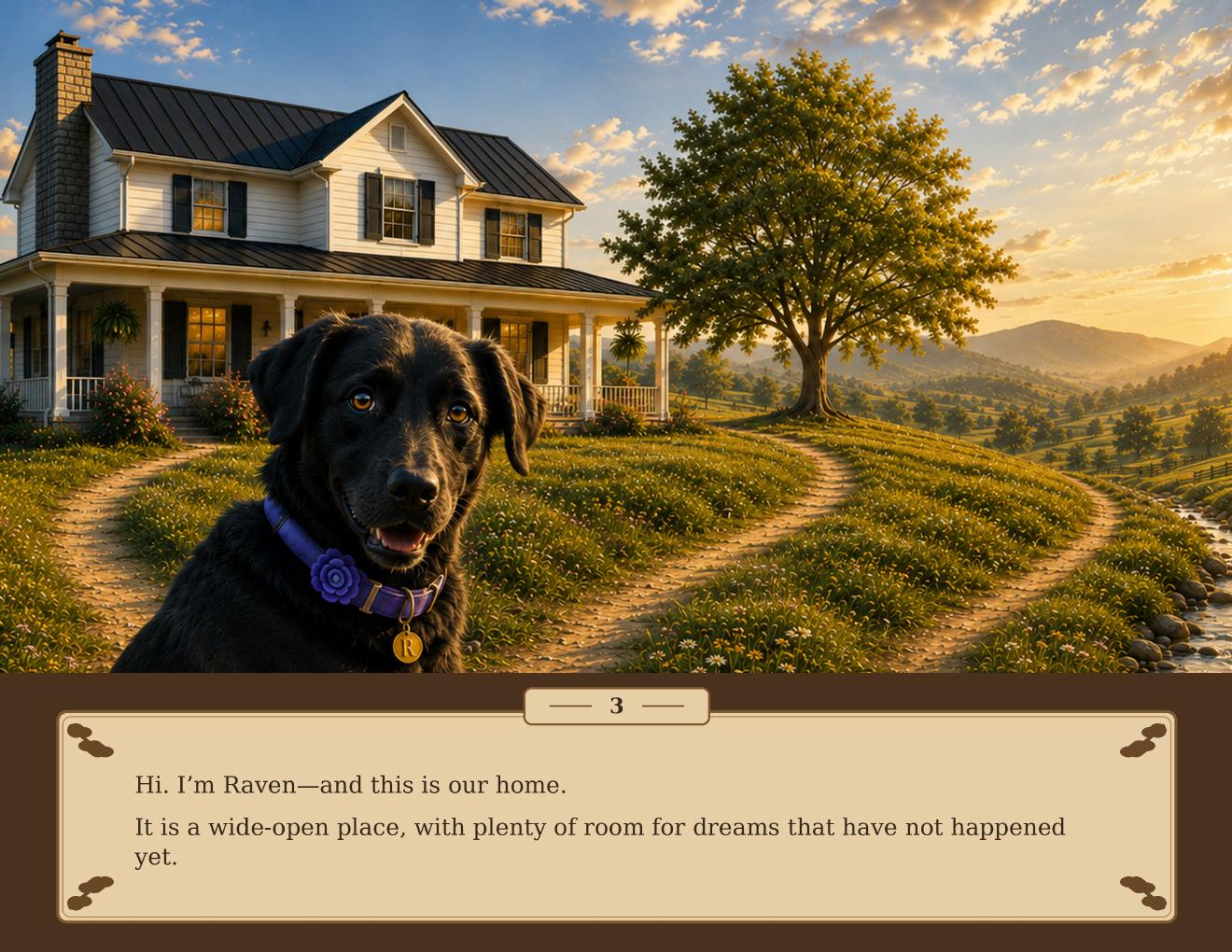 Raven welcomes readers to the family's wide-open country home
