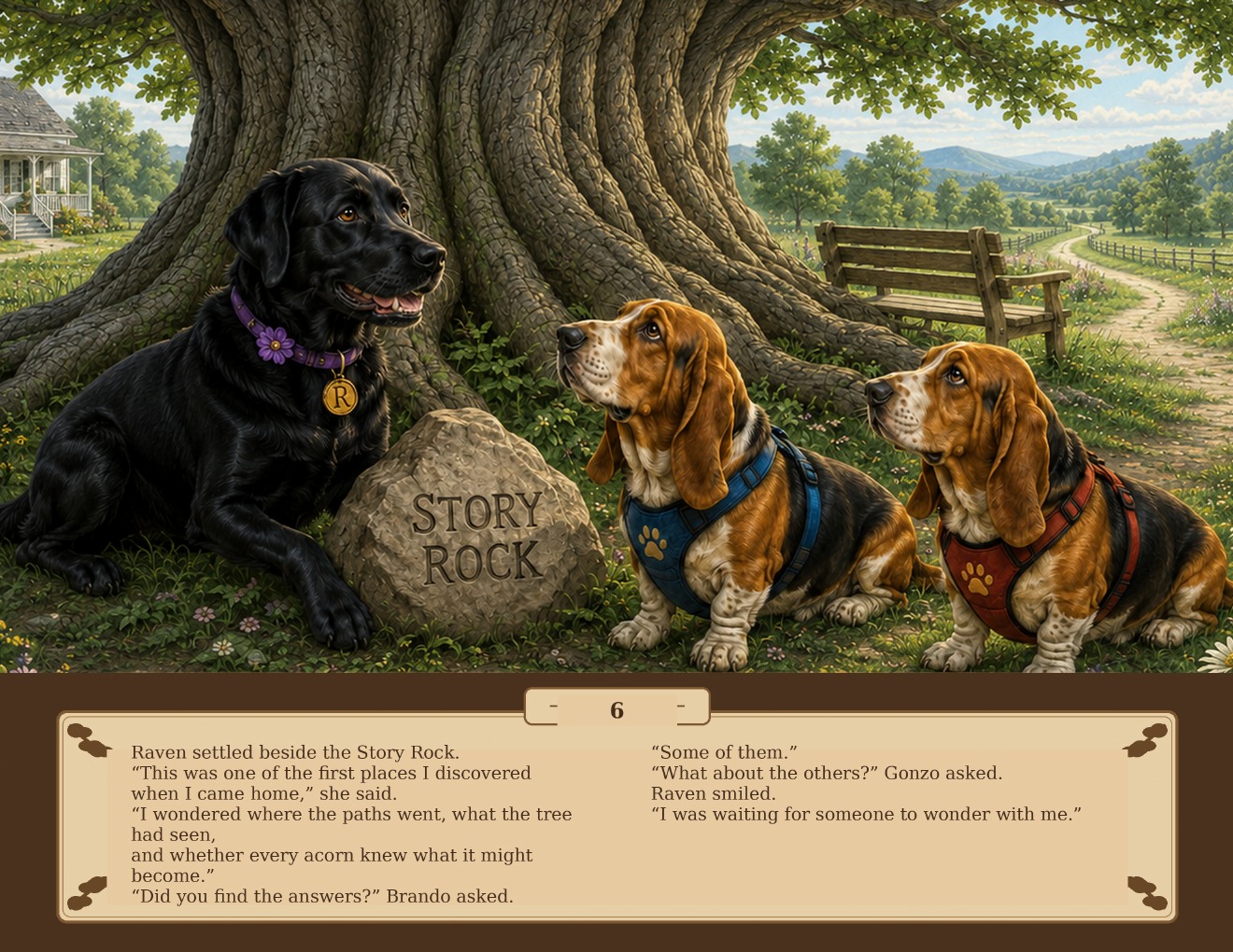 Raven introduces Brando and Gonzo to the Story Rock beneath the great oak tree