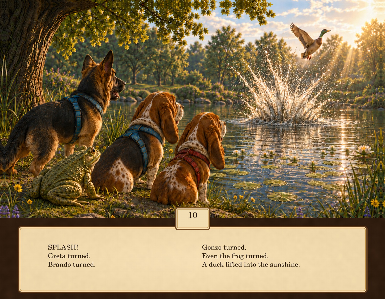 Brando, Gonzo, and Greta turn toward a sudden splash as a duck rises from Whispering Pond
