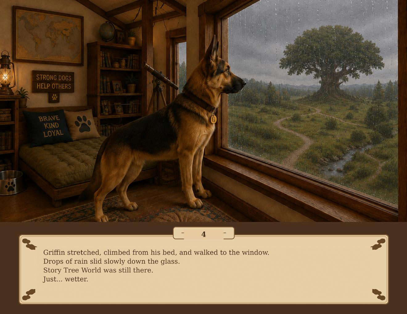 Griffin watches the rain fall across the Story Tree World from an upstairs window