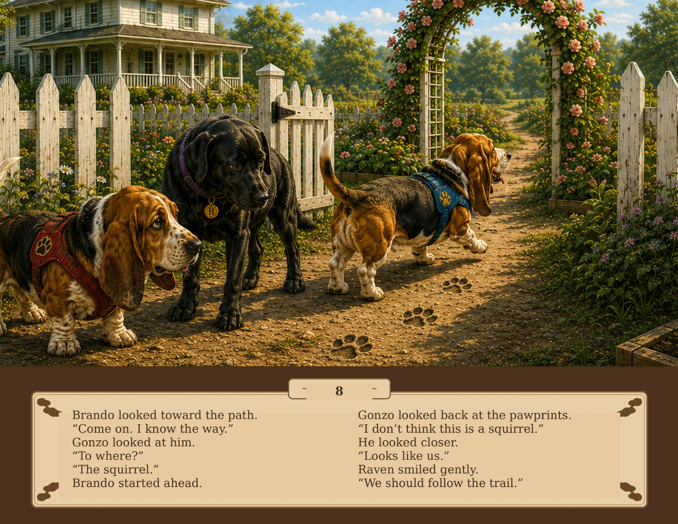Raven, Brando, and Gonzo examine mysterious pawprints along the garden path