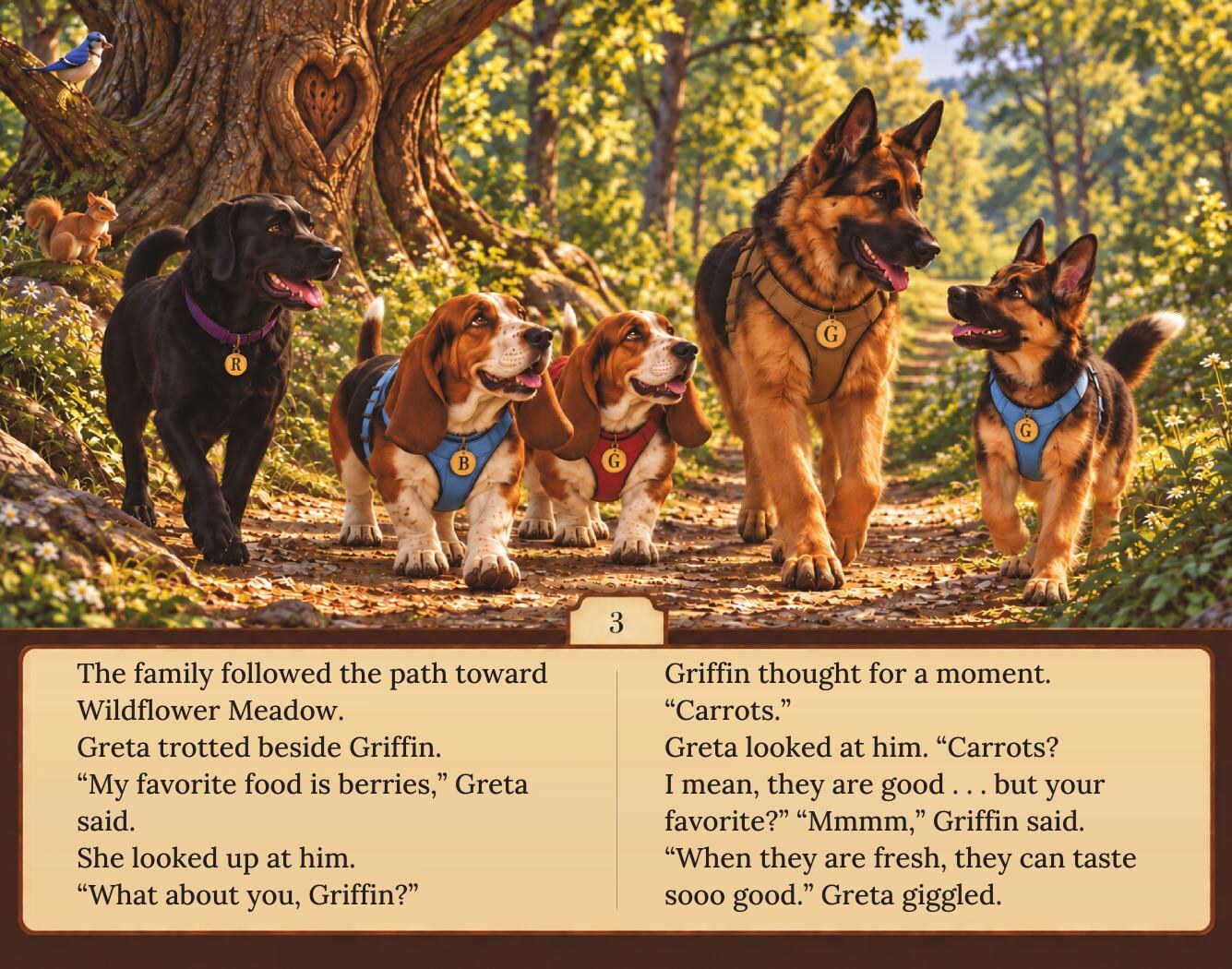 The family walks together toward Wildflower Meadow while talking about favorite foods