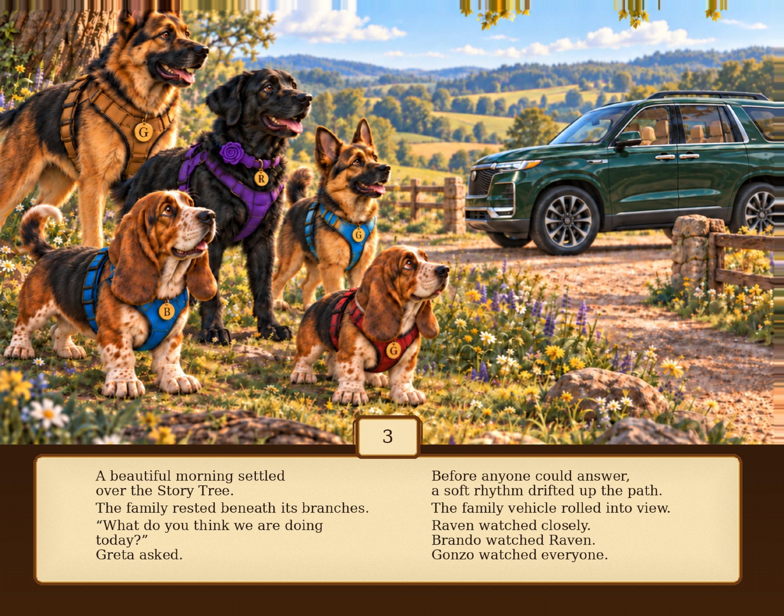 The five dogs watch as the family vehicle arrives beside the orchard