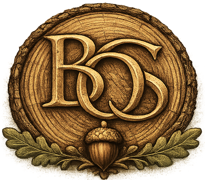 Bryant Oak Studios official BOS wood monogram with acorn and oak leaves